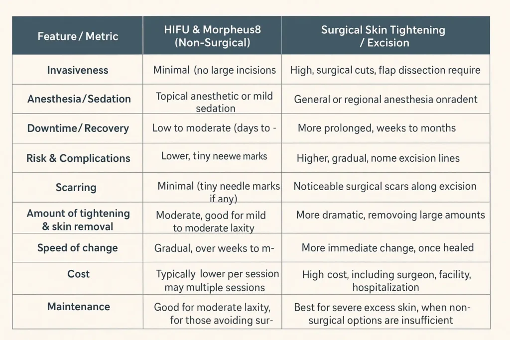 Table of skin tightening Hampshire benefits compared to surgical options